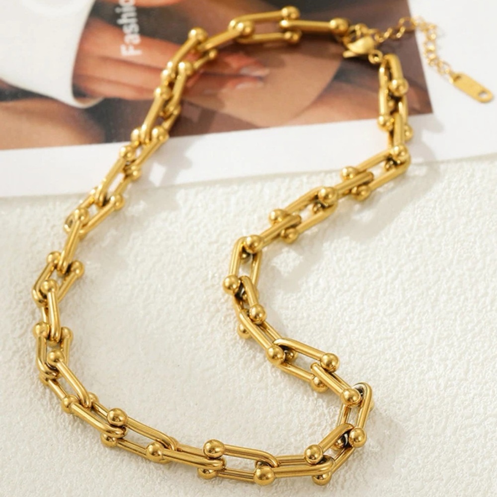 Gold tone chain necklace.